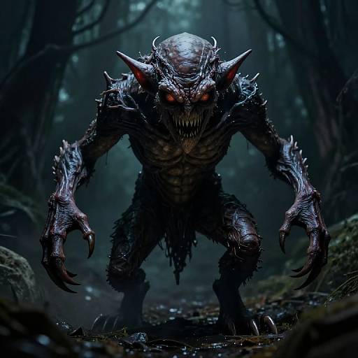 Digital artwork of a menacing, dark-skinned, horned monster with glowing red eyes, sharp claws, and jagged teeth in a foggy forest