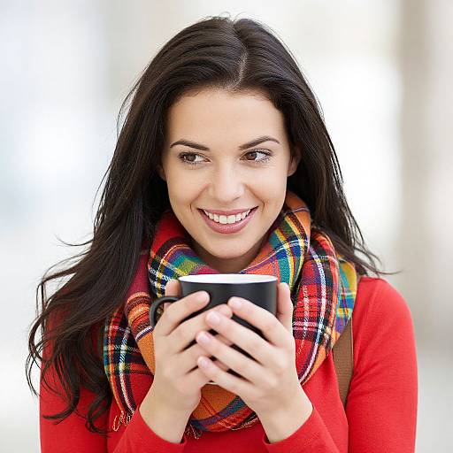 Photograph of a smiling woman with long black hair, wearing a red sweater and colorful plaid scarf, holding a black mug. Bright white background.