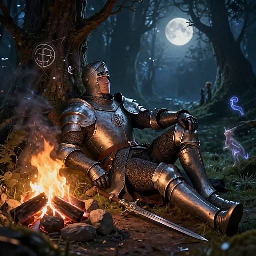 Digital artwork of a knight in shiny, detailed armor, sitting by a campfire under a full moon in a dark, mystical forest.