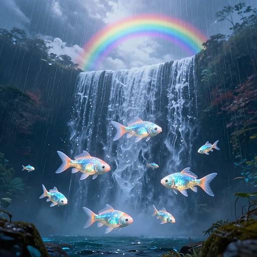 Luminous Fish Ascending Surreal Waterfalls