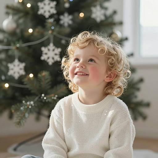 Smiling Child with Curly Blonde Hair by Christmas Tree