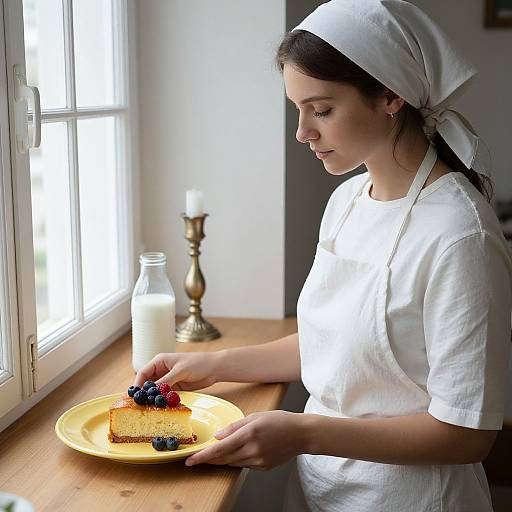 Photograph of a young woman in a white apron and headscarf, gently placing berries on a yellow plate with toast by a sunlit window