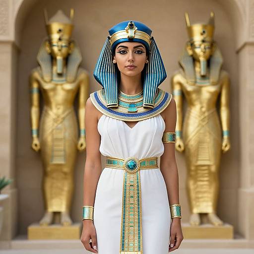 Digital artwork of a woman in ancient Egyptian attire with blue-striped headdress, white dress, gold jewelry, standing before golden statues.