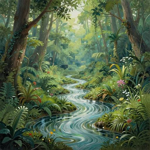 Digital painting of a lush, sunlit jungle with a winding, reflective stream, surrounded by vibrant ferns, flowers, and towering trees.