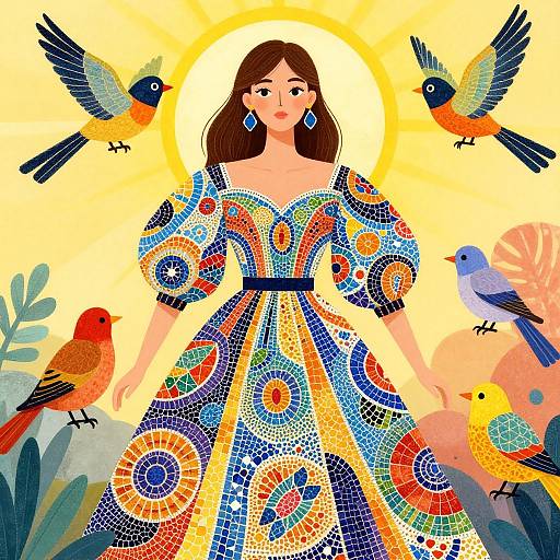 Digital illustration of a brown-haired woman in a colorful mosaic dress, surrounded by vibrant birds against a yellow sunlit background.