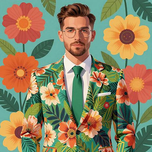 Vibrant Floral Suit Portrait Illustration