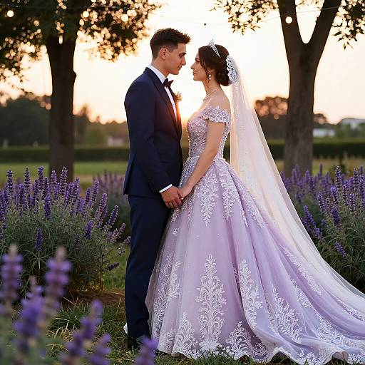 Photograph of a bride and groom in a lavender field at sunset, wearing a white lace dress and dark suit, holding hands, with trees in the