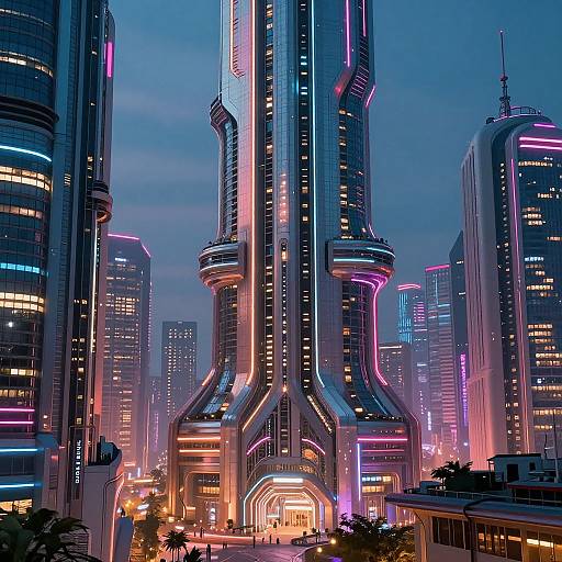 Neon-lit futuristic cityscape photograph: towering skyscrapers with vibrant pink, blue, and purple lights, sleek metallic textures, and illuminated streets