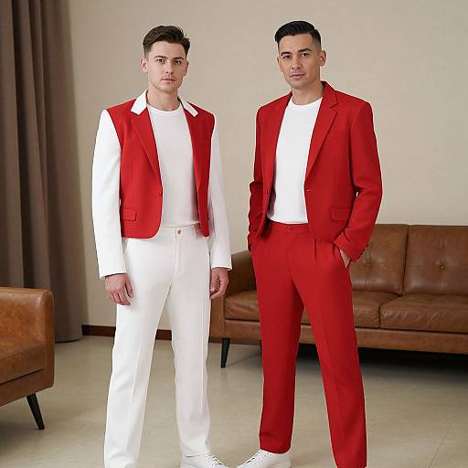 Photograph of two men standing in a room; one in white suit, red vest, the other in red suit, white shirt. Brown leather couch