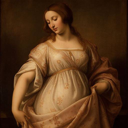 Renaissance painting of a pregnant woman with fair skin and brown hair, wearing a gold-embroidered, flowing, pale dress, gently holding