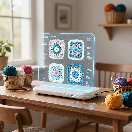 Photograph of a glowing laptop screen displaying colorful crochet patterns, surrounded by yarn baskets and balls on a wooden table in a sunlit room.