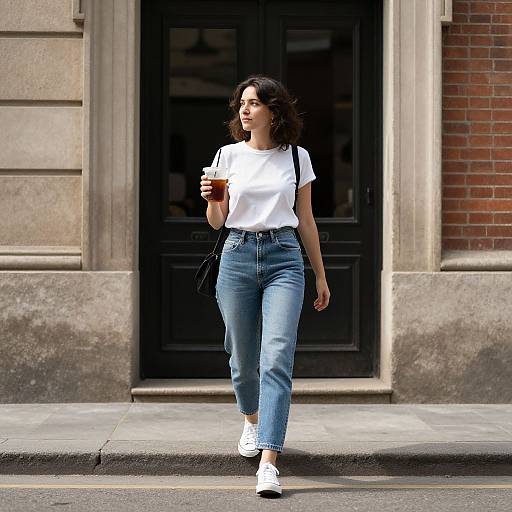 Photograph of a young woman with curly black hair, wearing a white t-shirt, blue high-waisted jeans, and white sneakers, walking on