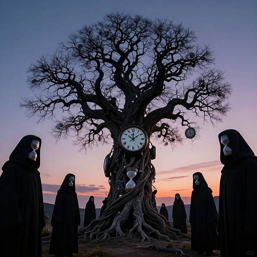 Photograph of a silhouetted, leafless tree with a clock at dusk, surrounded by seven robed figures with masks against a purple-orange