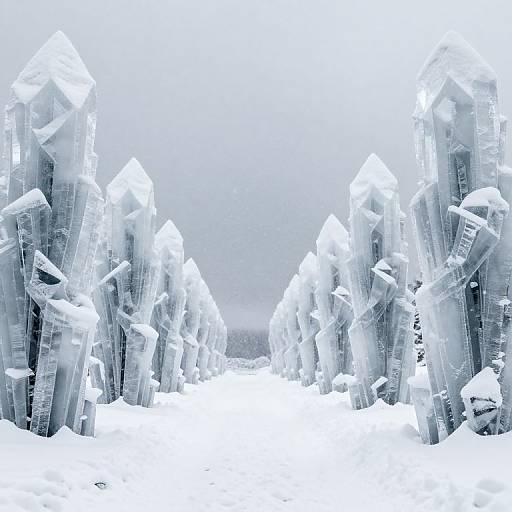 Photograph of a snowy landscape with tall, jagged ice formations, covered in thick snow, under a foggy, white-overcast sky.