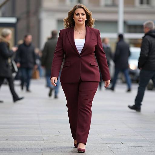 Photograph of a confident woman with wavy brown hair, wearing a maroon pantsuit and white blouse, walking in a busy urban plaza with blurred