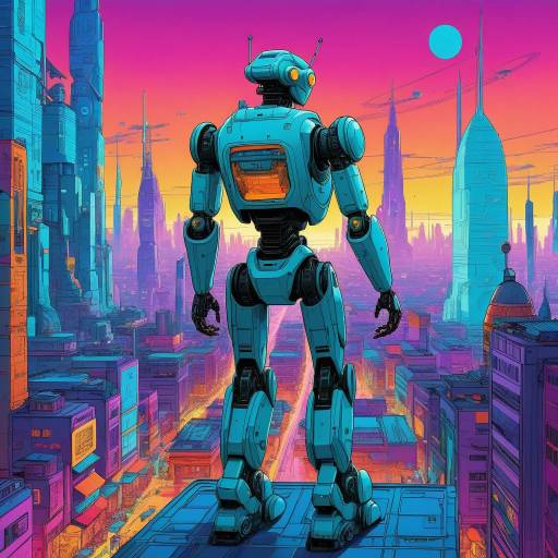 Vibrant Sci-Fi Robot in Urban Landscape Vibrant Sci-Fi Robot in Urban Landscape