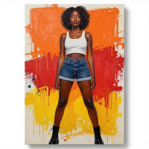 Photograph of a confident black woman with curly hair, wearing a white crop top, denim shorts, and black ankle boots, standing against a vibrant orange