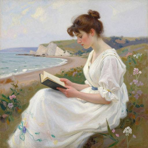 Impressionist painting of a fair-skinned woman with brown hair in a bun, wearing a white dress, reading a book on a coastal cliff with