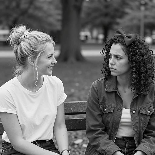 Two Women Sitting on Park Bench in Conversation