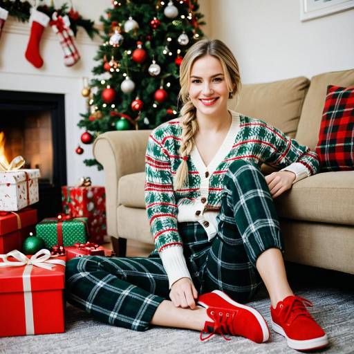 Smiling woman in Christmas sweater and plaid pants by Christmas tree