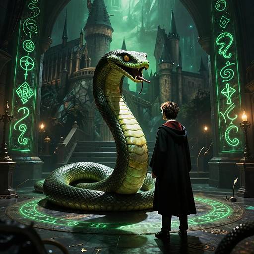 CGI fantasy scene: a young boy in a dark coat faces a massive, glowing green and yellow serpent in a mystical, neon-lit castle courtyard