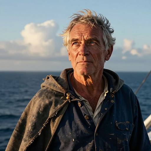Photograph of an elderly man with weathered face, gray hair, and rugged clothes, standing on a sunlit ocean against a blue sky with clouds