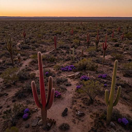 Aerial photograph of a desert landscape at sunset, featuring tall red and green cacti, purple bushes, and a vast, flat horizon.
