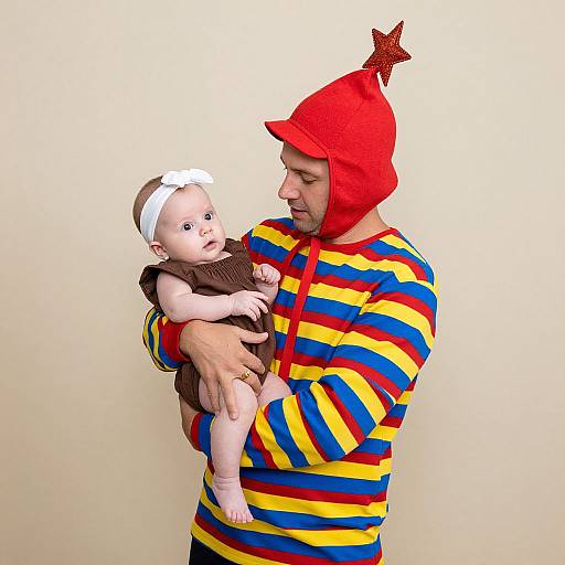Photograph of a bearded man in a red hat with a star, striped yellow, blue, and red shirt, holding a baby in a brown