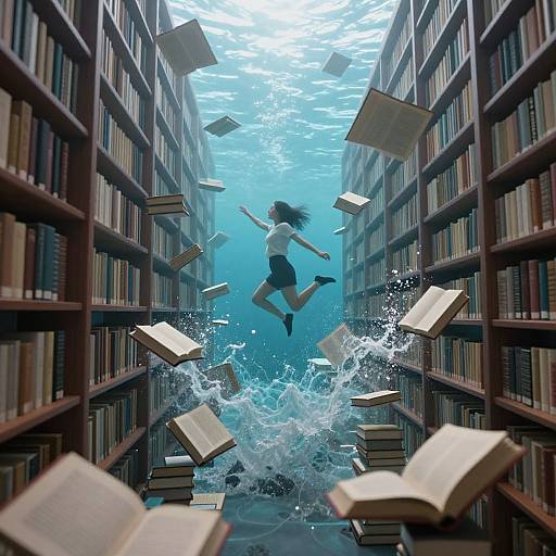 Digital art: A girl with flowing hair jumps mid-air between bookshelves, surrounded by flying books, with a splash of water at the center.