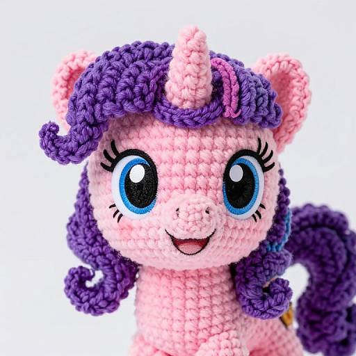 Photograph of a crocheted, pink unicorn with large blue eyes, purple mane, and curly tail, smiling against a white background.