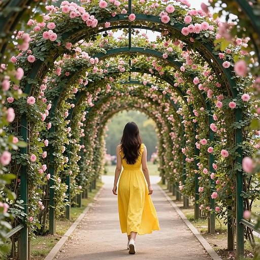 Photograph of a woman with long black hair in a yellow dress, walking through a flower-lined, arched garden pathway.