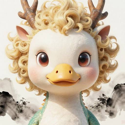 Digital artwork of a cute, fluffy, curly-haired, white dragon with brown antlers, large brown eyes, and yellow beak, set against a