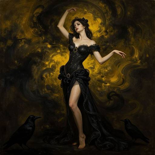 Gothic-style photograph of a pale-skinned woman with black hair, wearing an off-shoulder, black, beaded dress with a thigh