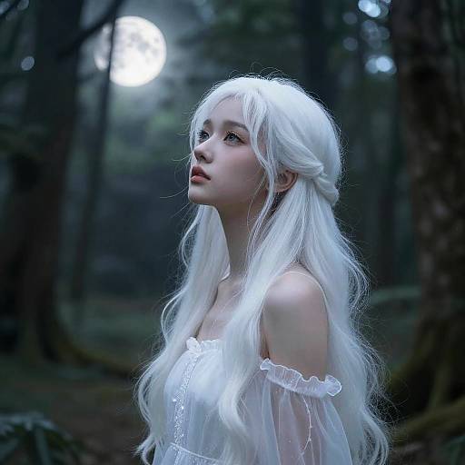 Photograph-style digital art of a pale, young woman with long, white hair, wearing an off-shoulder, white lace dress, standing in
