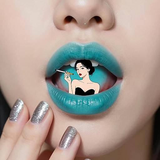 Close-up of Turquoise Lips with Digital Illustration