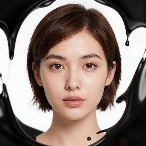 Digital portrait of a young Asian woman with short brown hair, fair skin, and brown eyes, framed by black, abstract shapes against a white background.