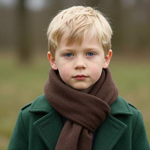 Photograph of a young blonde boy with blue eyes, wearing a green coat and dark brown scarf, standing in a blurred outdoor park.