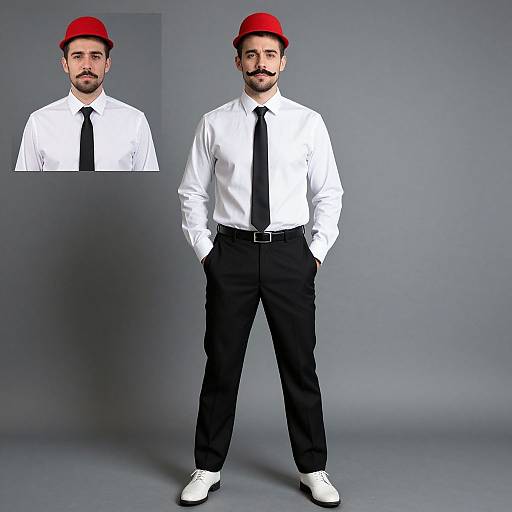 Photograph of a bearded man in a white shirt, black tie, black pants, white shoes, and red hat, standing confidently against a gray