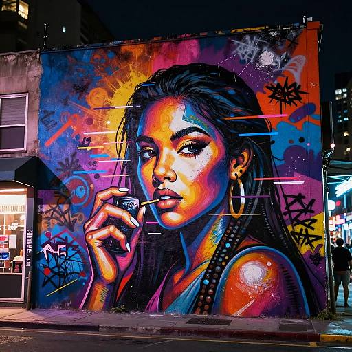Vibrant street mural of a confident Black woman with glowing orange-yellow skin, hoop earrings, and a cigarette, against a colorful, graffiti-filled urban