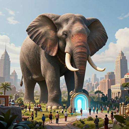 CGI image of a colossal, gray elephant with large white tusks standing in a city park, surrounded by people and skyscrapers under a bright