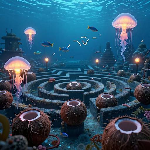 Photograph of a vibrant underwater scene featuring glowing jellyfish, spiky brown sea urchins, and colorful fish swimming around a maze-like coral reef