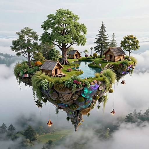 Fantastical floating island with wooden cottages, lush greenery, vibrant flowers, trees, a winding river, and hanging lanterns above a mist