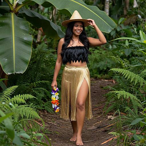 Photograph of a smiling woman with long black hair, wearing a black feathered top and gold fringe skirt, holding a colorful lei, standing in a