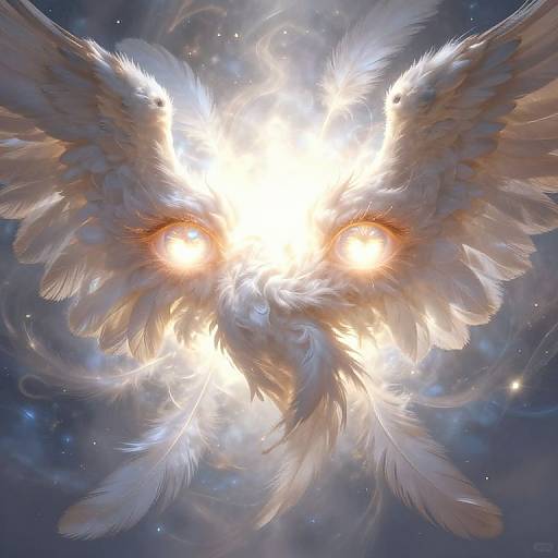Digital art: radiant white angel with glowing eyes and outstretched wings, surrounded by ethereal feathers and a starry, cosmic background.