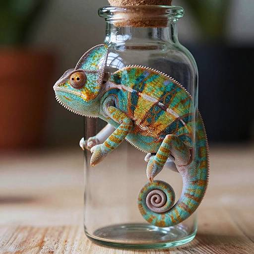 Photograph of a vibrant, multicolored chameleon with orange, green, and blue stripes, inside a clear glass jar with a cork stopper