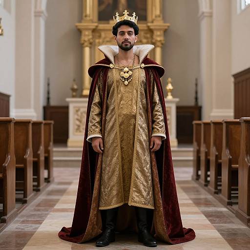 Photograph of a bearded man in medieval royal attire: gold embroidered robe, deep red velvet cape, gold crown, necklace, standing in ornate