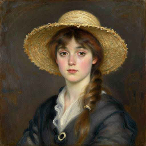 Photorealistic painting of a young woman with fair skin, brown eyes, and long brown hair in a braid, wearing a straw hat and dark