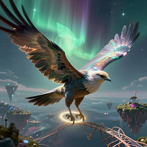 Digital artwork of a majestic eagle with glowing wings soaring over a futuristic, aurora-lit landscape with floating cities and starry sky.