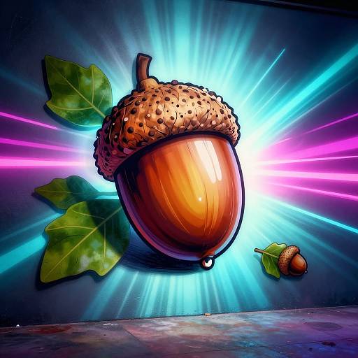 Digital artwork of a glowing, detailed acorn with textured cap and green leaves, surrounded by vibrant blue and pink light rays.