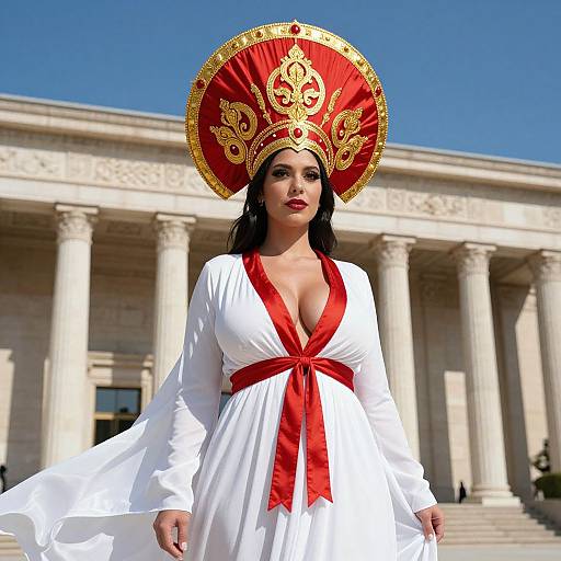 Photograph of a woman in a white robe with red sash and red, gold-ornamented headpiece, standing in front of a ne